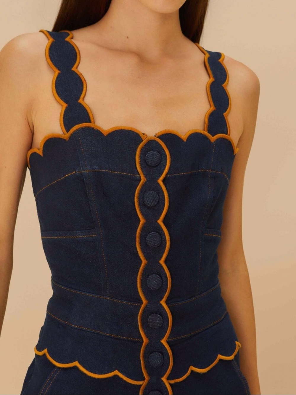 NWT FARM Rio Dark Denim Wavy Trim Jumpsuit - Picture 4 of 15